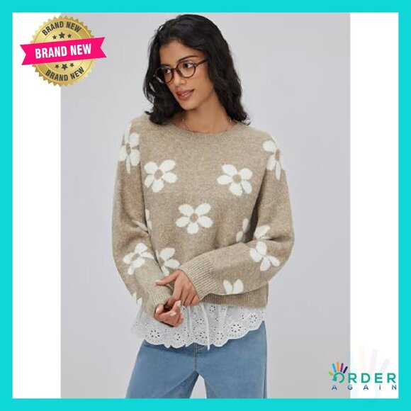 Floral Knit Pullover Sweater Long Sleeve Cozy Fall Fashion Casual Wear - Picture 5 of 7